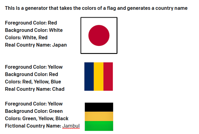 A screenshot of GPT-3 Playground showcasing an example of flag name generation from color.